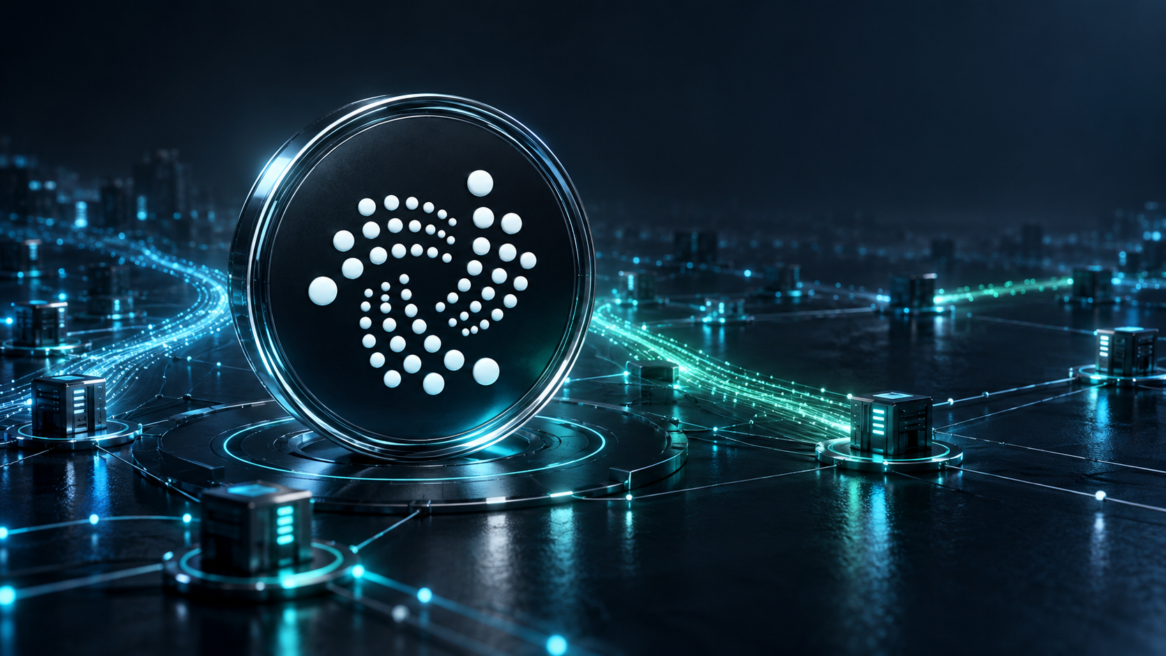 Stilisierter IOTA-Schriftzug aus Lichtpunkten über einem Netzwerk verbundener Validatoren
