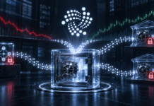 IOTA-Logo über einem Recovery-Tresor mit blockierten Vermögenswerten nach dem Virtue-Angriff