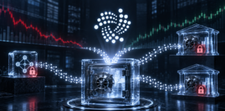 IOTA-Logo über einem Recovery-Tresor mit blockierten Vermögenswerten nach dem Virtue-Angriff