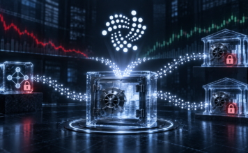 IOTA-Logo über einem Recovery-Tresor mit blockierten Vermögenswerten nach dem Virtue-Angriff