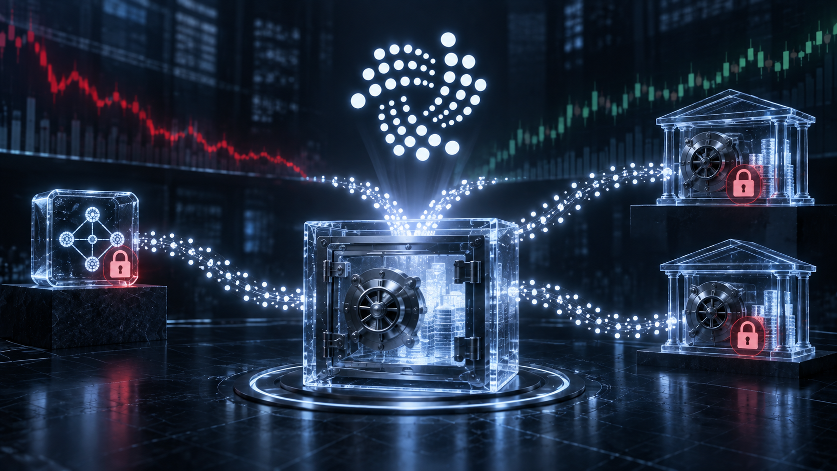 IOTA-Logo über einem Recovery-Tresor mit blockierten Vermögenswerten nach dem Virtue-Angriff