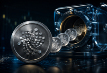 IOTA-Unlock: 12,37 Mio. Token werden am 2. September freigegeben Metallische IOTA-Token treten aus einem geöffneten Tresor und symbolisieren den planmäßigen Token-Unlock.