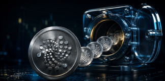 Metallische IOTA-Token treten aus einem geöffneten Tresor und symbolisieren den planmäßigen Token-Unlock.