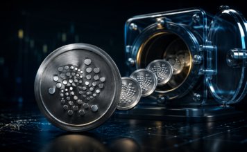 Metallische IOTA-Token treten aus einem geöffneten Tresor und symbolisieren den planmäßigen Token-Unlock.