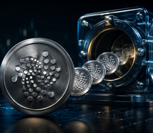 Metallische IOTA-Token treten aus einem geöffneten Tresor und symbolisieren den planmäßigen Token-Unlock.