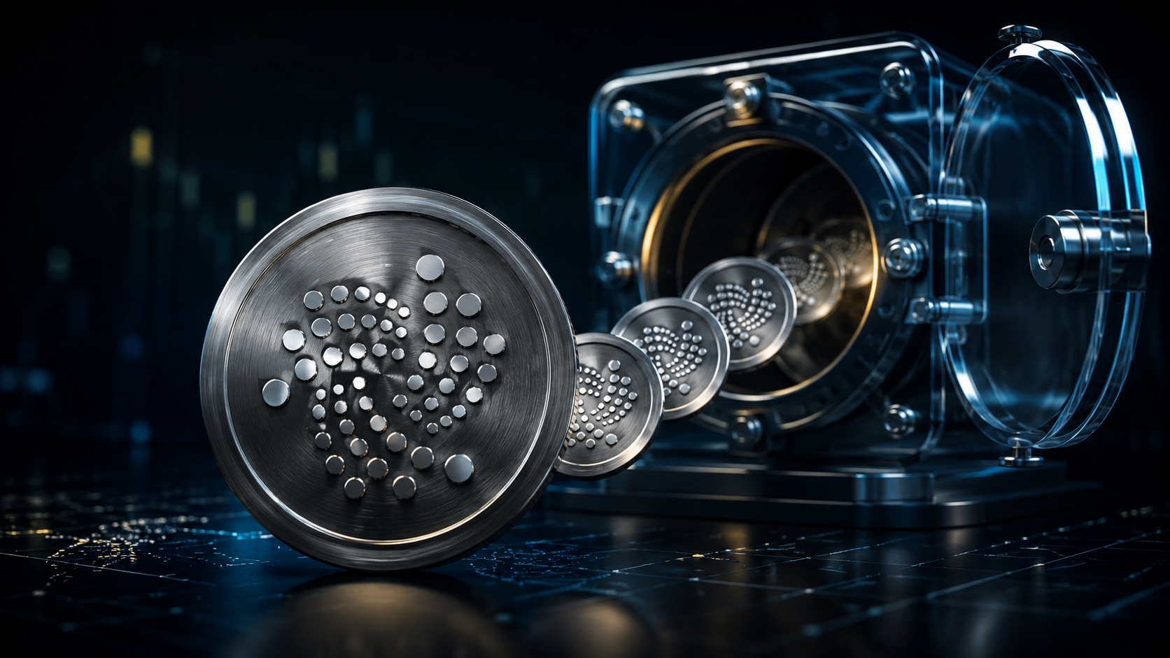 Metallische IOTA-Token treten aus einem geöffneten Tresor und symbolisieren den planmäßigen Token-Unlock.