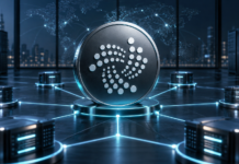 IOTA aktiviert Protokollversion 34 im Mainnet: Das ändert sich IOTA-Logo auf einer digitalen Münze, die mit mehreren Serverknoten des Mainnets verbunden ist
