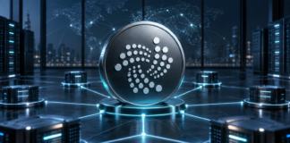 IOTA-Logo auf einer digitalen Münze, die mit mehreren Serverknoten des Mainnets verbunden ist