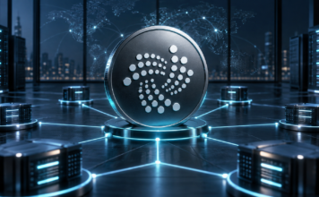 IOTA aktiviert Protokollversion 34 im Mainnet: Das ändert sich IOTA-Logo auf einer digitalen Münze, die mit mehreren Serverknoten des Mainnets verbunden ist