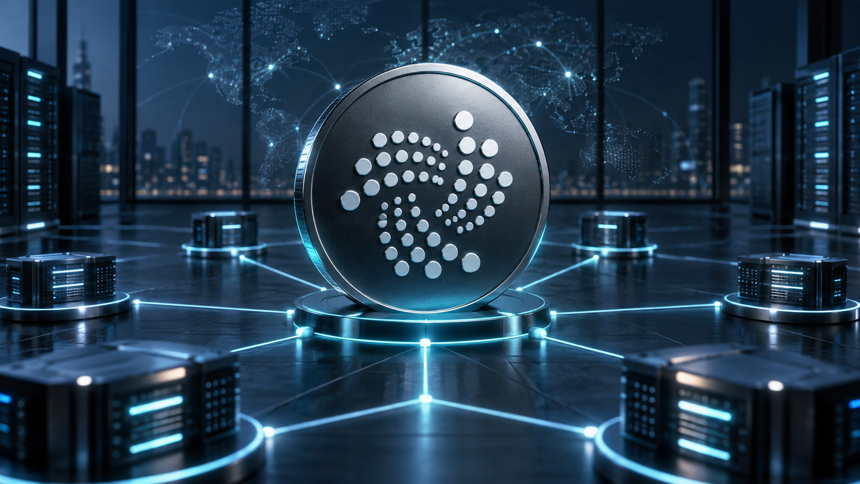 IOTA-Logo auf einer digitalen Münze, die mit mehreren Serverknoten des Mainnets verbunden ist