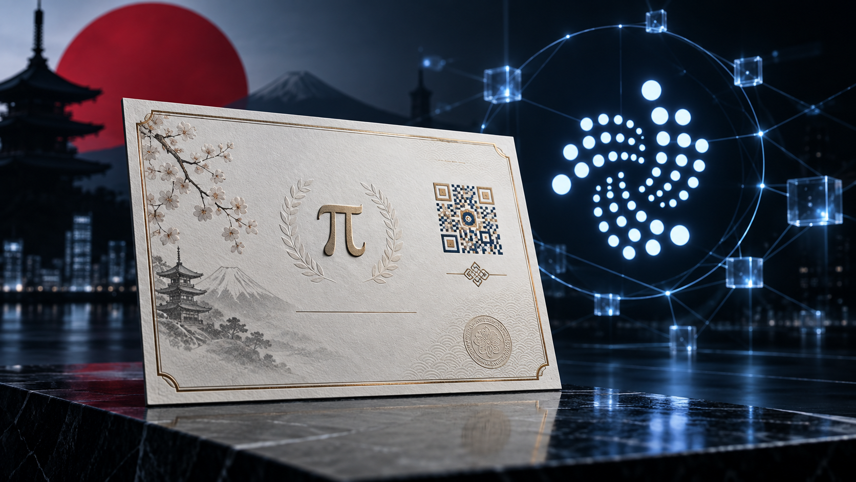 Digitales japanisches Mathematikzertifikat mit QR-Code vor dem IOTA-Netzwerk