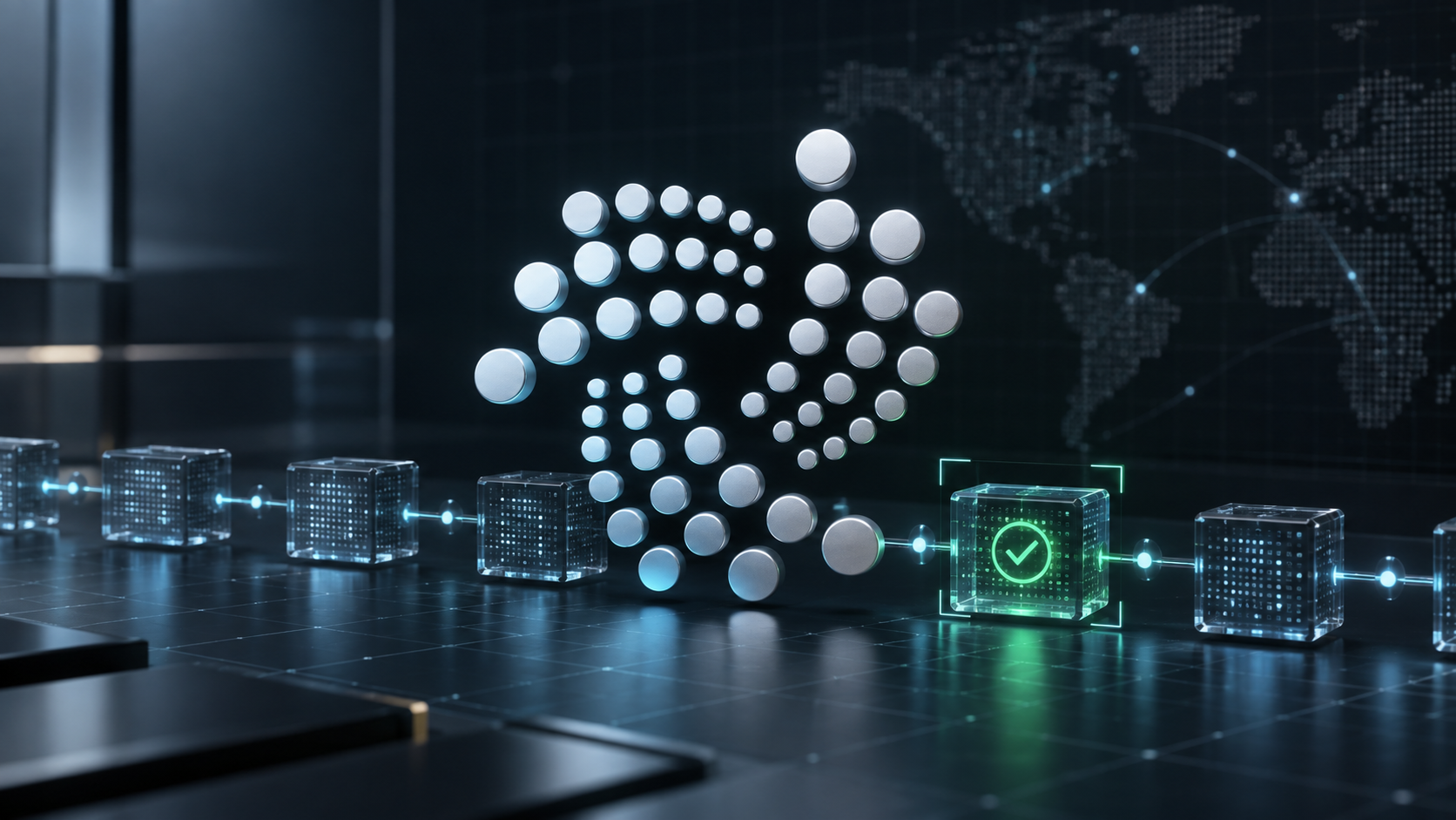 IOTA-Netzwerk mit verifiziertem Checkpoint als Symbol für Proof of Inclusion