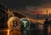 Bitcoin und Tether vor iranischer Kulisse als Symbol für die Umgehung westlicher Sanktionen