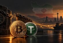 Bitcoin und Tether vor iranischer Kulisse als Symbol für die Umgehung westlicher Sanktionen