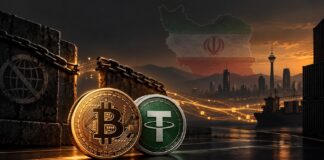 Bitcoin und Tether vor iranischer Kulisse als Symbol für die Umgehung westlicher Sanktionen