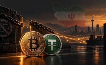 Bitcoin und Tether vor iranischer Kulisse als Symbol für die Umgehung westlicher Sanktionen