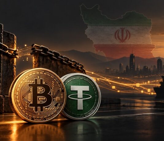 Bitcoin und Tether vor iranischer Kulisse als Symbol für die Umgehung westlicher Sanktionen