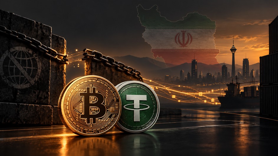 Bitcoin und Tether vor iranischer Kulisse als Symbol für die Umgehung westlicher Sanktionen