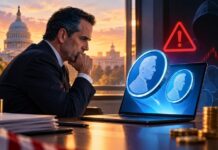 Hunter Biden vor Laptop mit Memecoin-Symbolen, Warnzeichen und US-Kapitol im Hintergrund