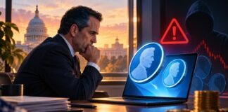 Hunter Biden vor Laptop mit Memecoin-Symbolen, Warnzeichen und US-Kapitol im Hintergrund