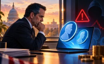 Hunter Biden vor Laptop mit Memecoin-Symbolen, Warnzeichen und US-Kapitol im Hintergrund