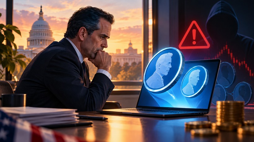 Hunter Biden vor Laptop mit Memecoin-Symbolen, Warnzeichen und US-Kapitol im Hintergrund