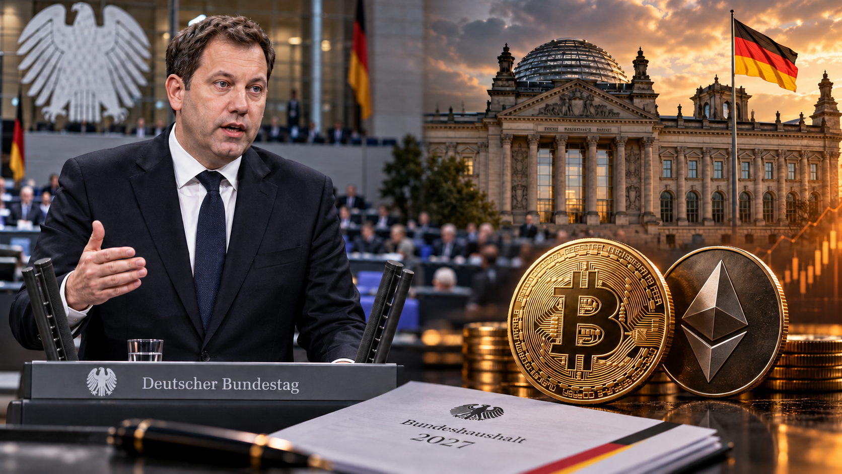 Lars Klingbeil vor dem Bundestag mit Bitcoin und Ethereum zum Bundeshaushalt 2027