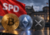 SPD-Flagge hinter Bitcoin-, Ethereum- und XRP-Coins vor dem Bundestag zur geplanten Reform der Krypto-Haltefrist