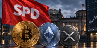 SPD-Flagge hinter Bitcoin-, Ethereum- und XRP-Coins vor dem Bundestag zur geplanten Reform der Krypto-Haltefrist