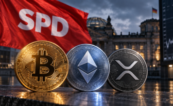 SPD-Flagge hinter Bitcoin-, Ethereum- und XRP-Coins vor dem Bundestag zur geplanten Reform der Krypto-Haltefrist