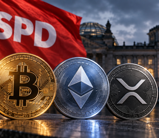 SPD-Flagge hinter Bitcoin-, Ethereum- und XRP-Coins vor dem Bundestag zur geplanten Reform der Krypto-Haltefrist