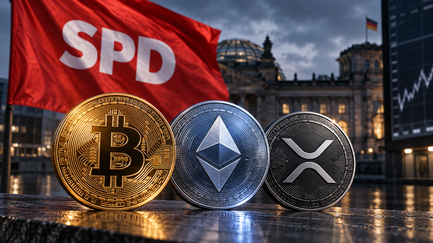 SPD-Flagge hinter Bitcoin-, Ethereum- und XRP-Coins vor dem Bundestag zur geplanten Reform der Krypto-Haltefrist
