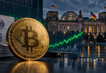 CDU-Abgeordnete: Krypto-Haltefrist ist kein Sonderprivileg Goldene Bitcoin-Münze vor dem Deutschen Bundestag mit dem Schriftzug „1 Jahr Haltefrist“