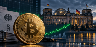 CDU-Abgeordnete: Krypto-Haltefrist ist kein Sonderprivileg Goldene Bitcoin-Münze vor dem Deutschen Bundestag mit dem Schriftzug „1 Jahr Haltefrist“
