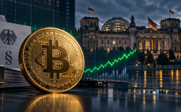 CDU-Abgeordnete: Krypto-Haltefrist ist kein Sonderprivileg Goldene Bitcoin-Münze vor dem Deutschen Bundestag mit dem Schriftzug „1 Jahr Haltefrist“