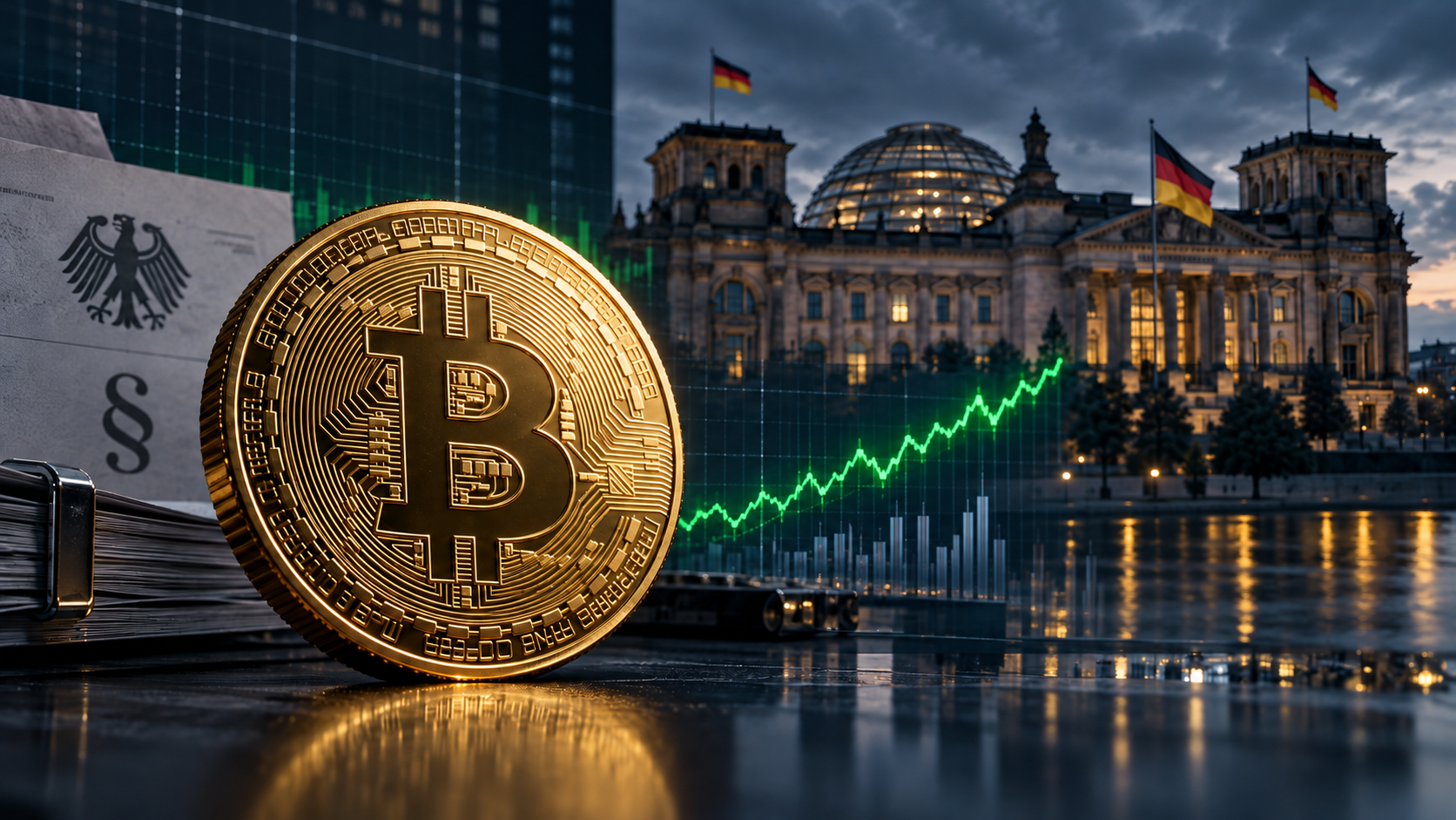 Goldene Bitcoin-Münze vor dem Deutschen Bundestag mit dem Schriftzug „1 Jahr Haltefrist“