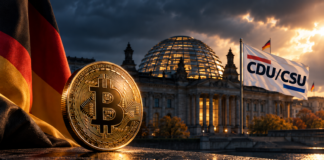 Bitcoin-Münze vor dem Deutschen Bundestag zur Debatte über die Krypto-Haltefrist