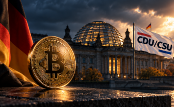 Bitcoin-Münze vor dem Deutschen Bundestag zur Debatte über die Krypto-Haltefrist
