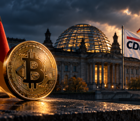 Bitcoin-Münze vor dem Deutschen Bundestag zur Debatte über die Krypto-Haltefrist