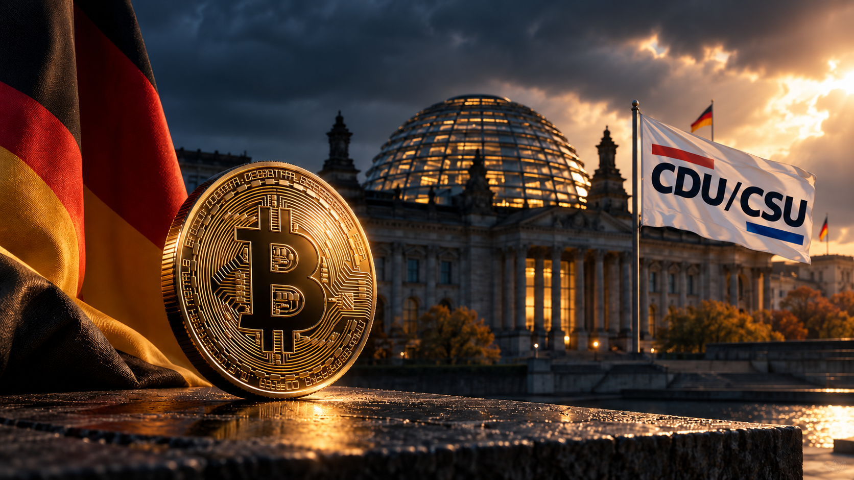 Bitcoin-Münze vor dem Deutschen Bundestag zur Debatte über die Krypto-Haltefrist