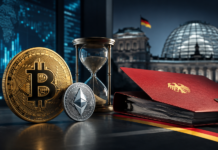 Bitcoin und Ethereum neben einer Sanduhr und einer Steuerakte vor dem Reichstagsgebäude