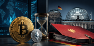 Bitcoin und Ethereum neben einer Sanduhr und einer Steuerakte vor dem Reichstagsgebäude