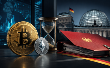 Bitcoin und Ethereum neben einer Sanduhr und einer Steuerakte vor dem Reichstagsgebäude