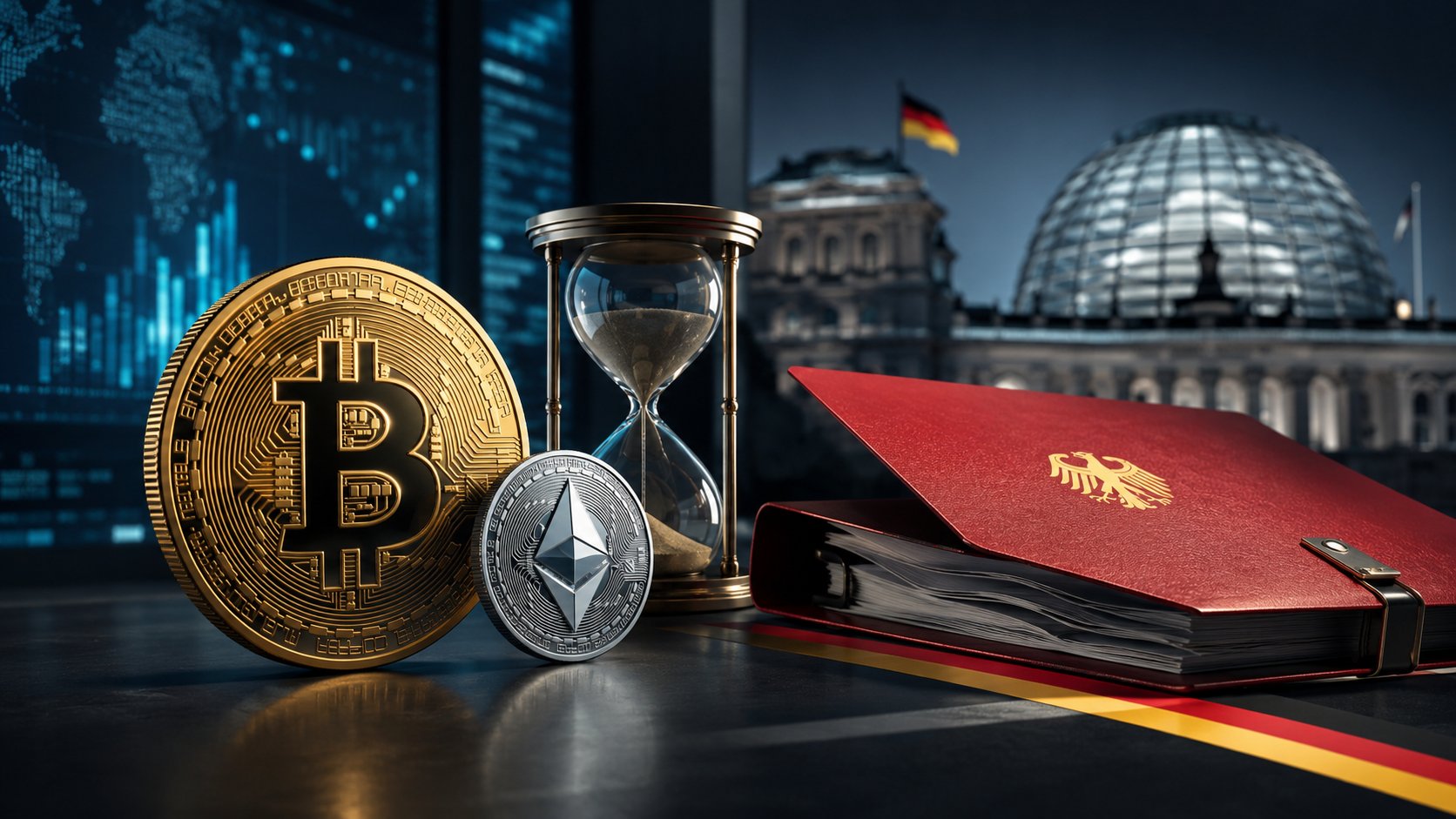 Bitcoin und Ethereum neben einer Sanduhr und einer Steuerakte vor dem Reichstagsgebäude