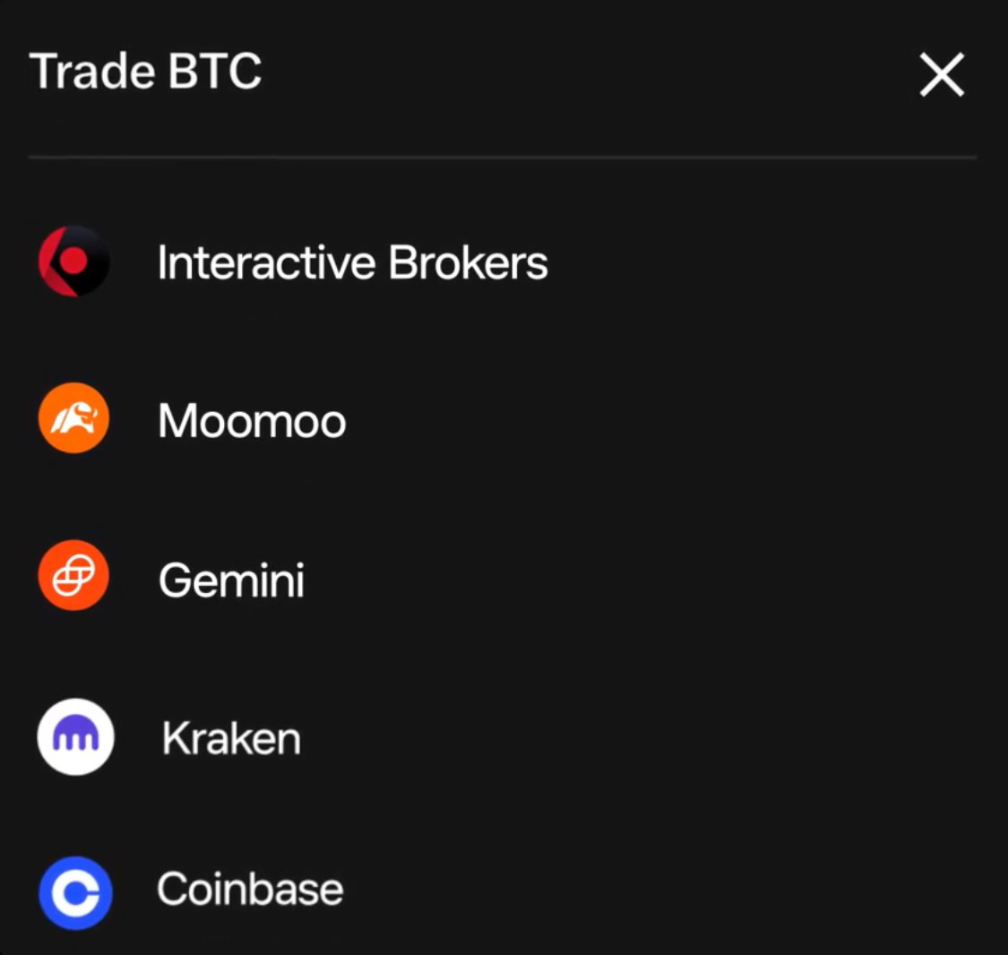 Auswahl von Handelsplattformen für Bitcoin-Trades über X mit Coinbase, Kraken, Gemini, Moomoo und Interactive Brokers