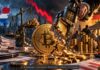 Bitcoin wird symbolisch von einer staatlichen Zange zerbrochen, während Niederlande und Deutschland für eine mögliche Besteuerung unrealisierter Krypto-Gewinne stehen.