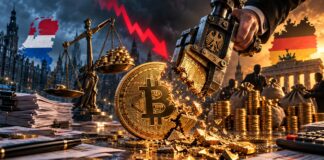 Bitcoin wird symbolisch von einer staatlichen Zange zerbrochen, während Niederlande und Deutschland für eine mögliche Besteuerung unrealisierter Krypto-Gewinne stehen.