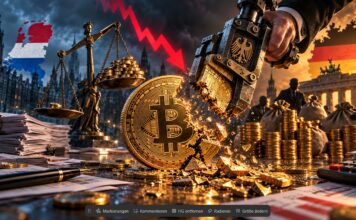 Bitcoin wird symbolisch von einer staatlichen Zange zerbrochen, während Niederlande und Deutschland für eine mögliche Besteuerung unrealisierter Krypto-Gewinne stehen.