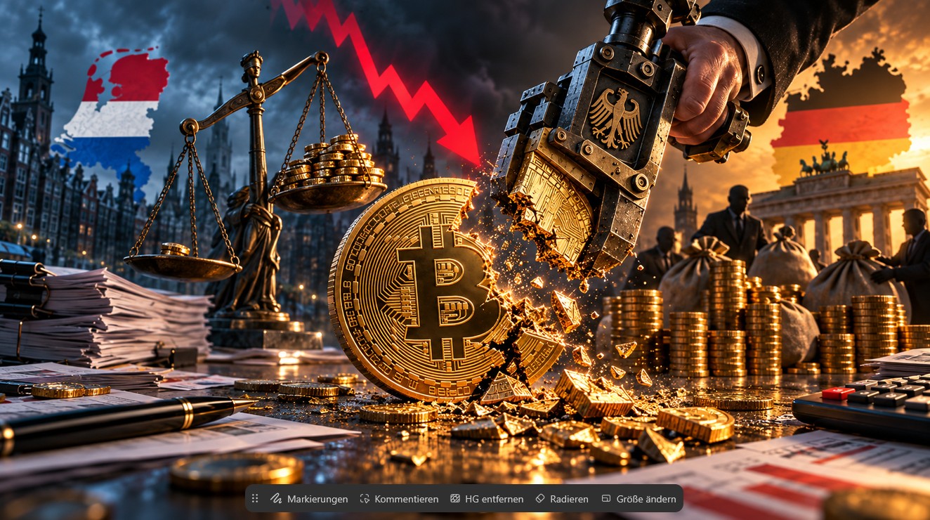 Bitcoin wird symbolisch von einer staatlichen Zange zerbrochen, während Niederlande und Deutschland für eine mögliche Besteuerung unrealisierter Krypto-Gewinne stehen.