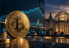 Bitcoin-Münze vor einem stilisierten Börsenchart und dem Reichstagsgebäude